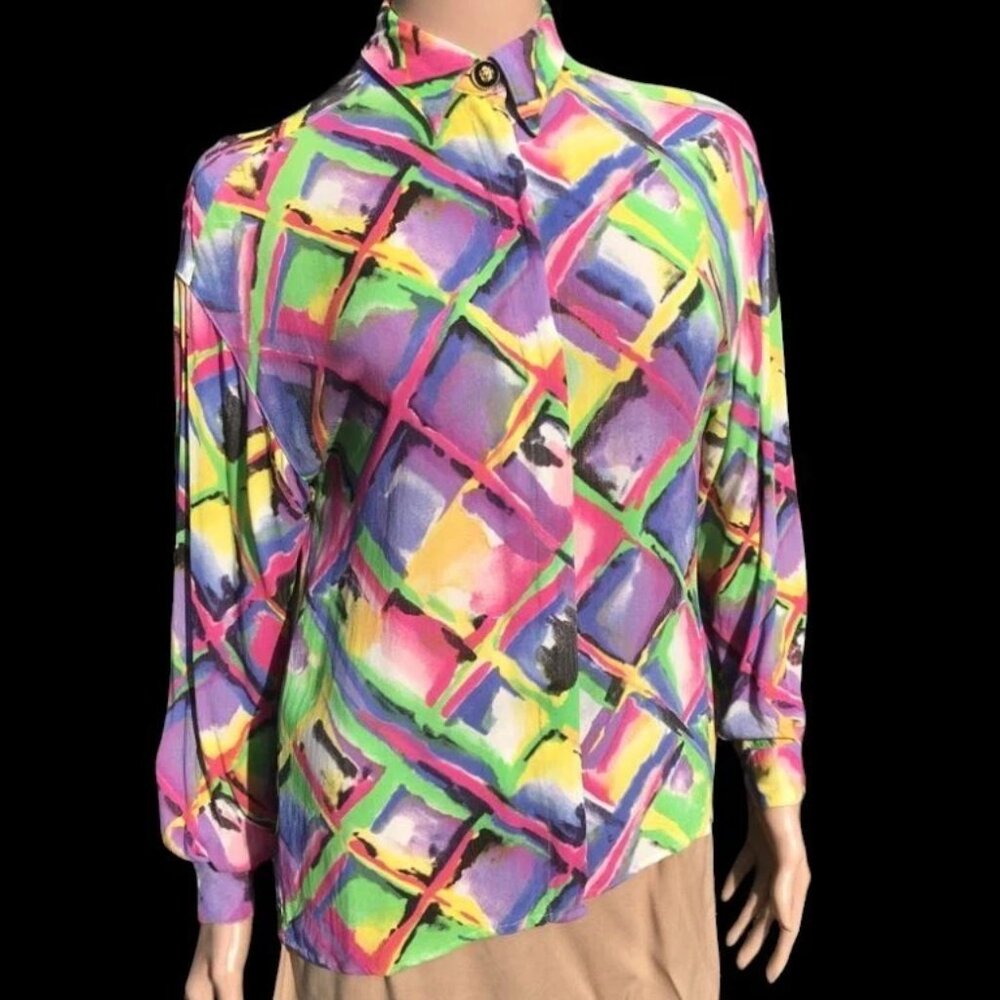 Vintage Versus GIANNI VERSACE Long Sleeve Abstract Colorful Silk Chiffon Shirt M